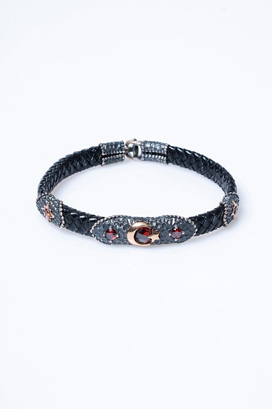 Sertifikalı Gümüş Ay Yıldız Detaylı Deri Bileklik (SK:195) - 6