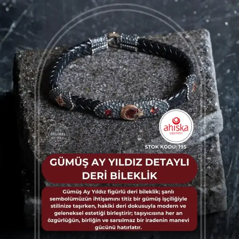 Sertifikalı Gümüş Ay Yıldız Detaylı Deri Bileklik (SK:195) - 2