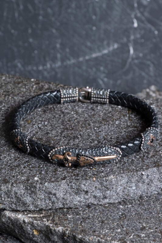 Sertifikalı Gümüş Kılıç Detaylı Deri Bileklik (SK:193) - Doğal Taş