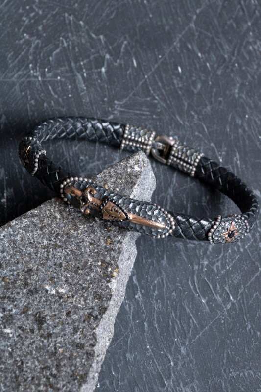 Sertifikalı Gümüş Kılıç Detaylı Deri Bileklik (SK:193) - 5