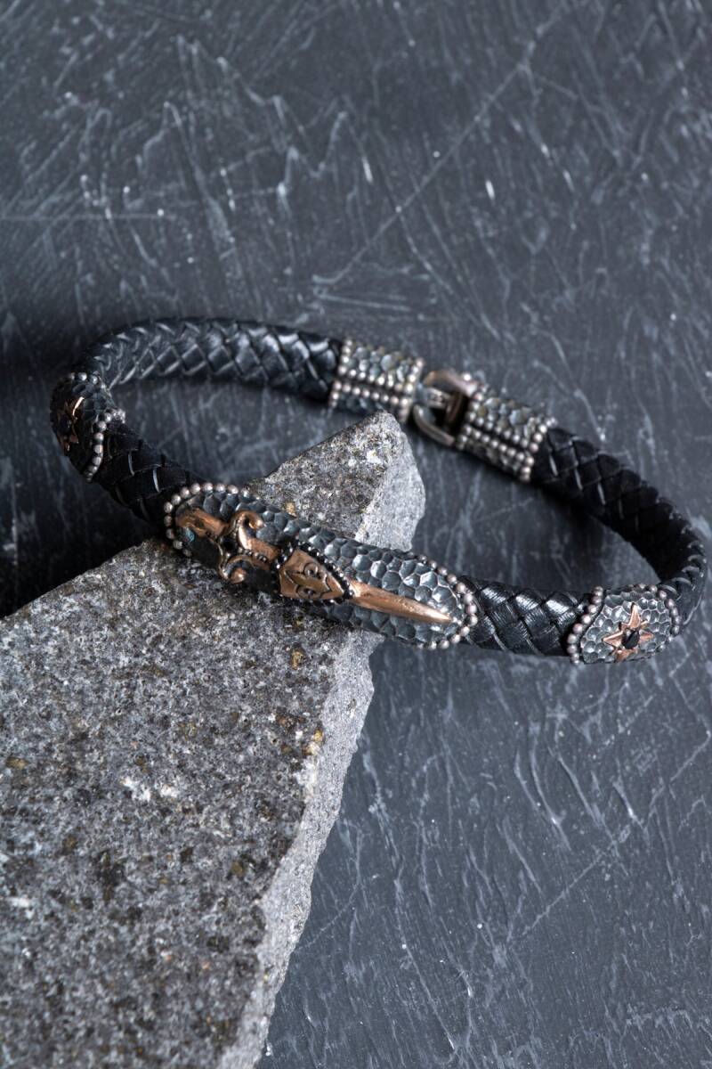 Sertifikalı Gümüş Kılıç Detaylı Deri Bileklik (SK:193) - 5