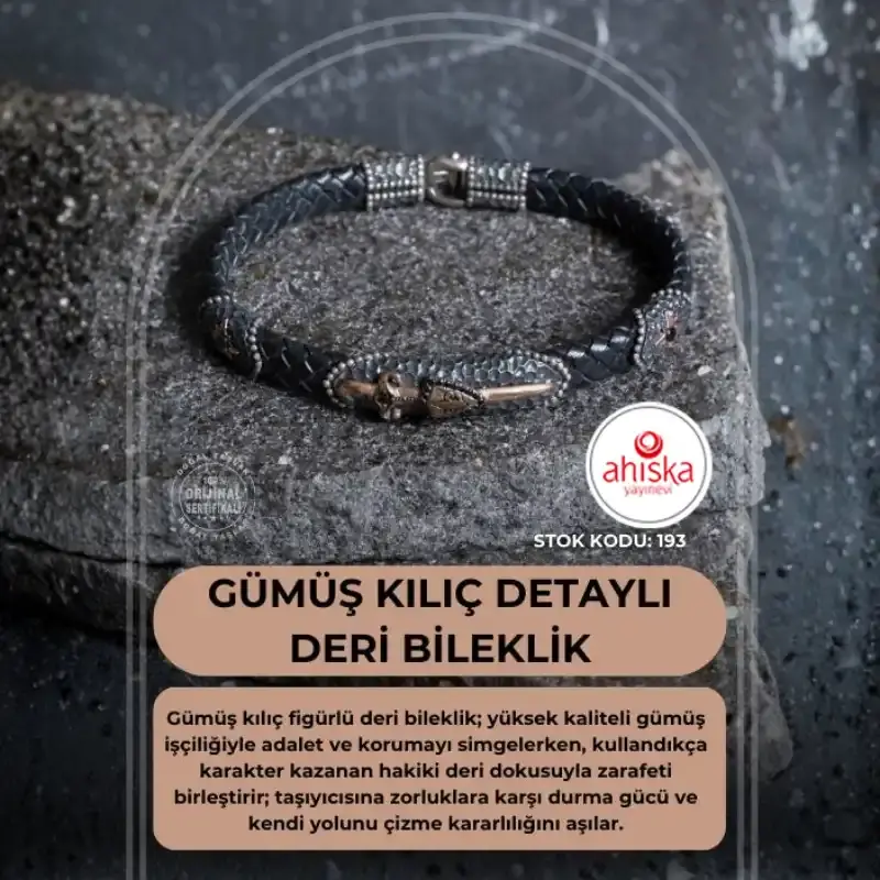 Sertifikalı Gümüş Kılıç Detaylı Deri Bileklik (SK:193) - 2