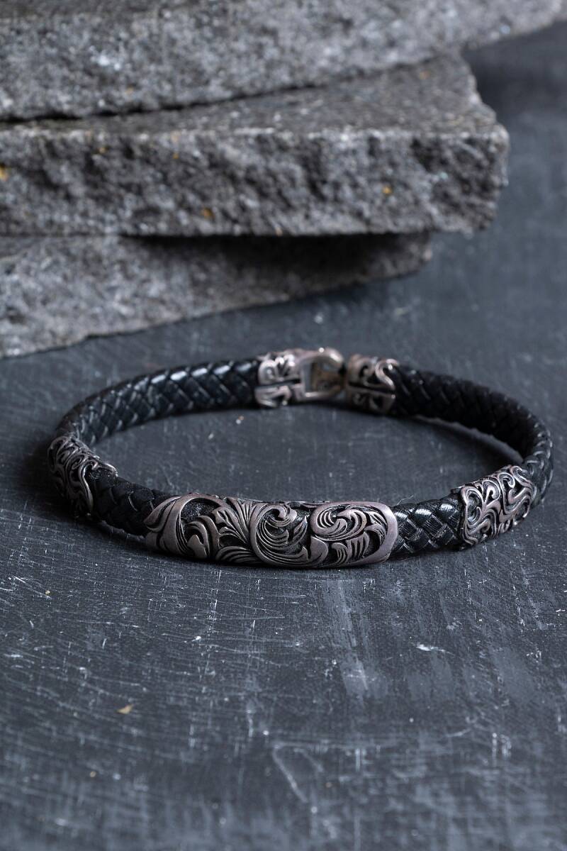 Sertifikalı Gümüş Yaprak Detaylı Deri Bileklik (SK:196) - 1