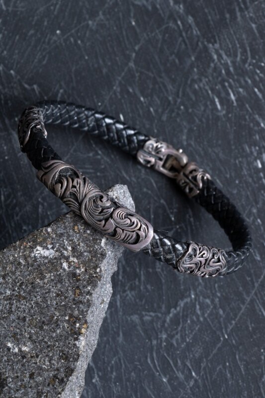 Sertifikalı Gümüş Yaprak Detaylı Deri Bileklik (SK:196) - 3