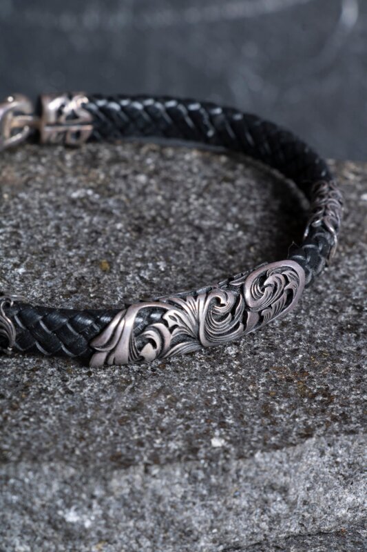 Sertifikalı Gümüş Yaprak Detaylı Deri Bileklik (SK:196) - 5