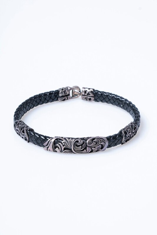 Sertifikalı Gümüş Yaprak Detaylı Deri Bileklik (SK:196) - 6