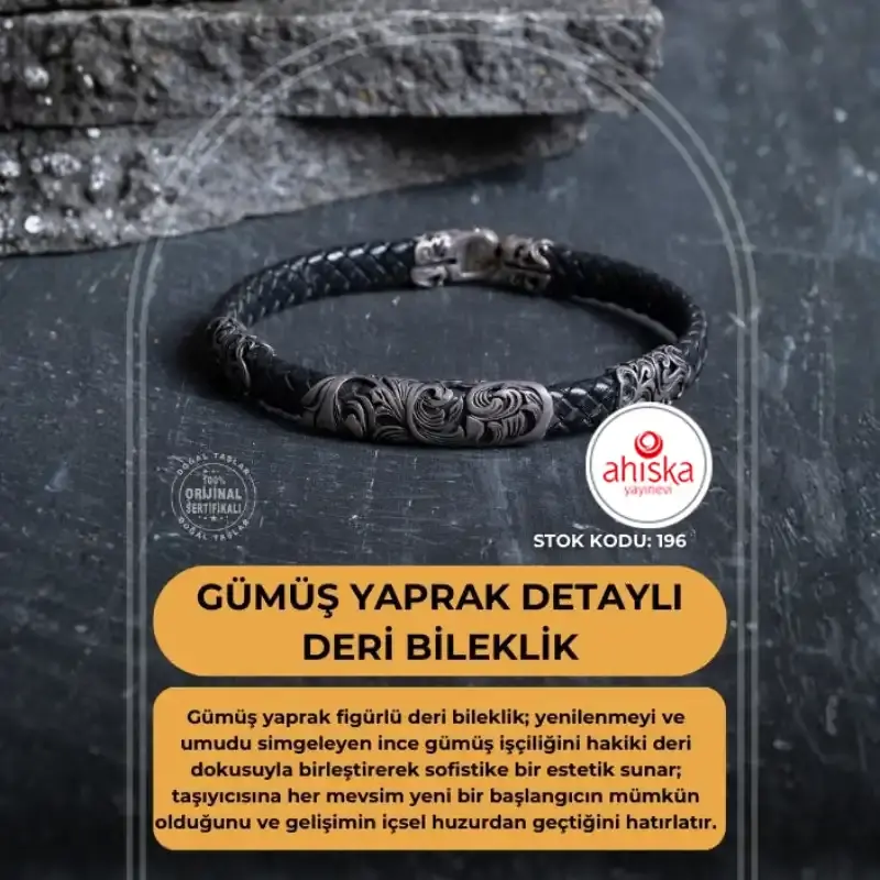 Sertifikalı Gümüş Yaprak Detaylı Deri Bileklik (SK:196) - 2