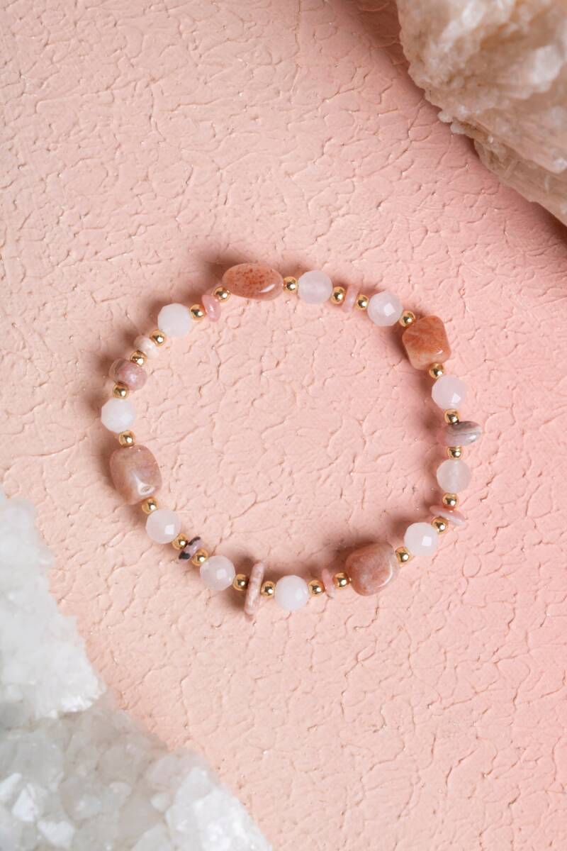 Sertifikalı Güneş Taşı, Pembe Kuvars, Rodokrosit Doğal Taş Bileklik (SK:391) - 1