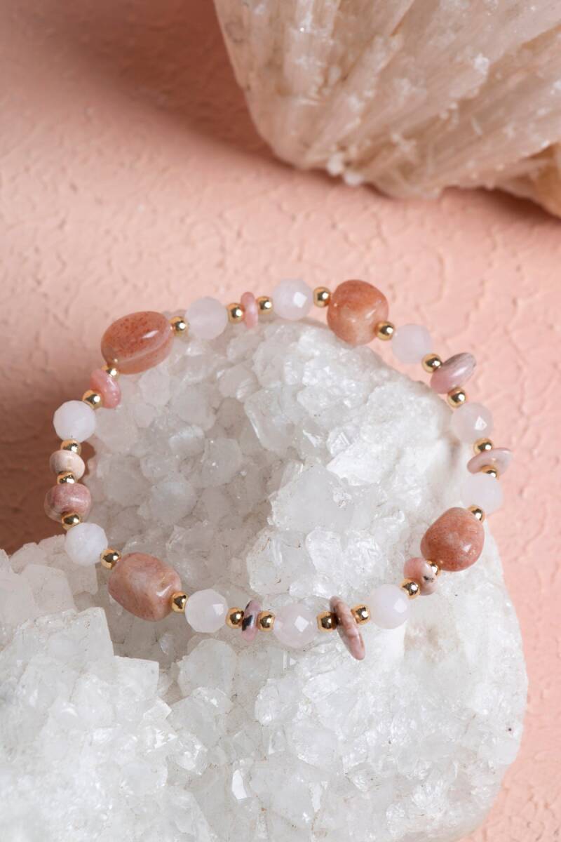 Sertifikalı Güneş Taşı, Pembe Kuvars, Rodokrosit Doğal Taş Bileklik (SK:391) - 4