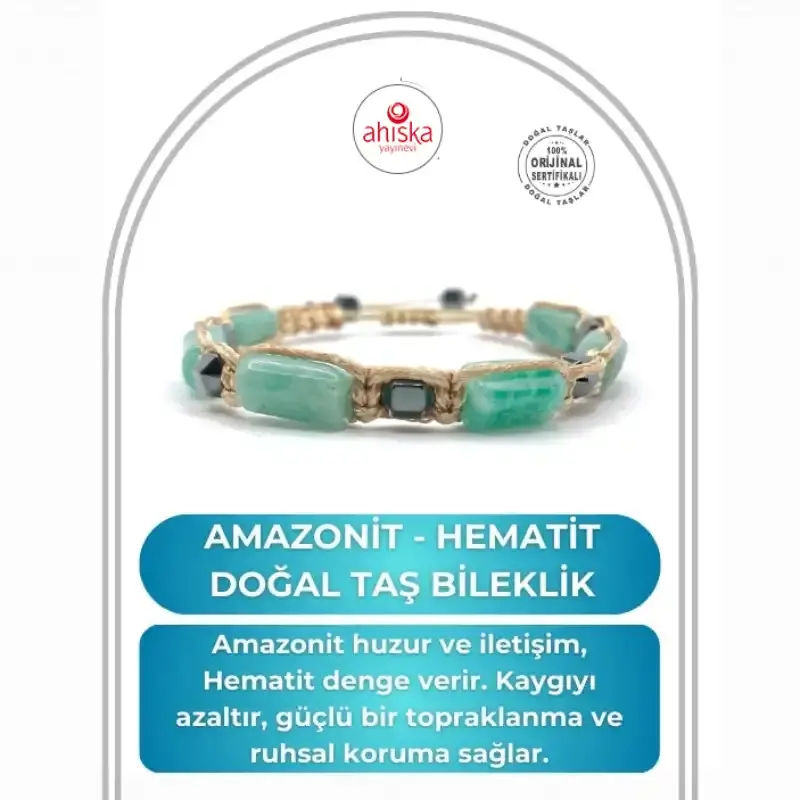 Sertifikalı Hakiki Orijinal Amazonit - Hematit Doğal Taş İpli Bileklik (Köşeli Makrome Model)