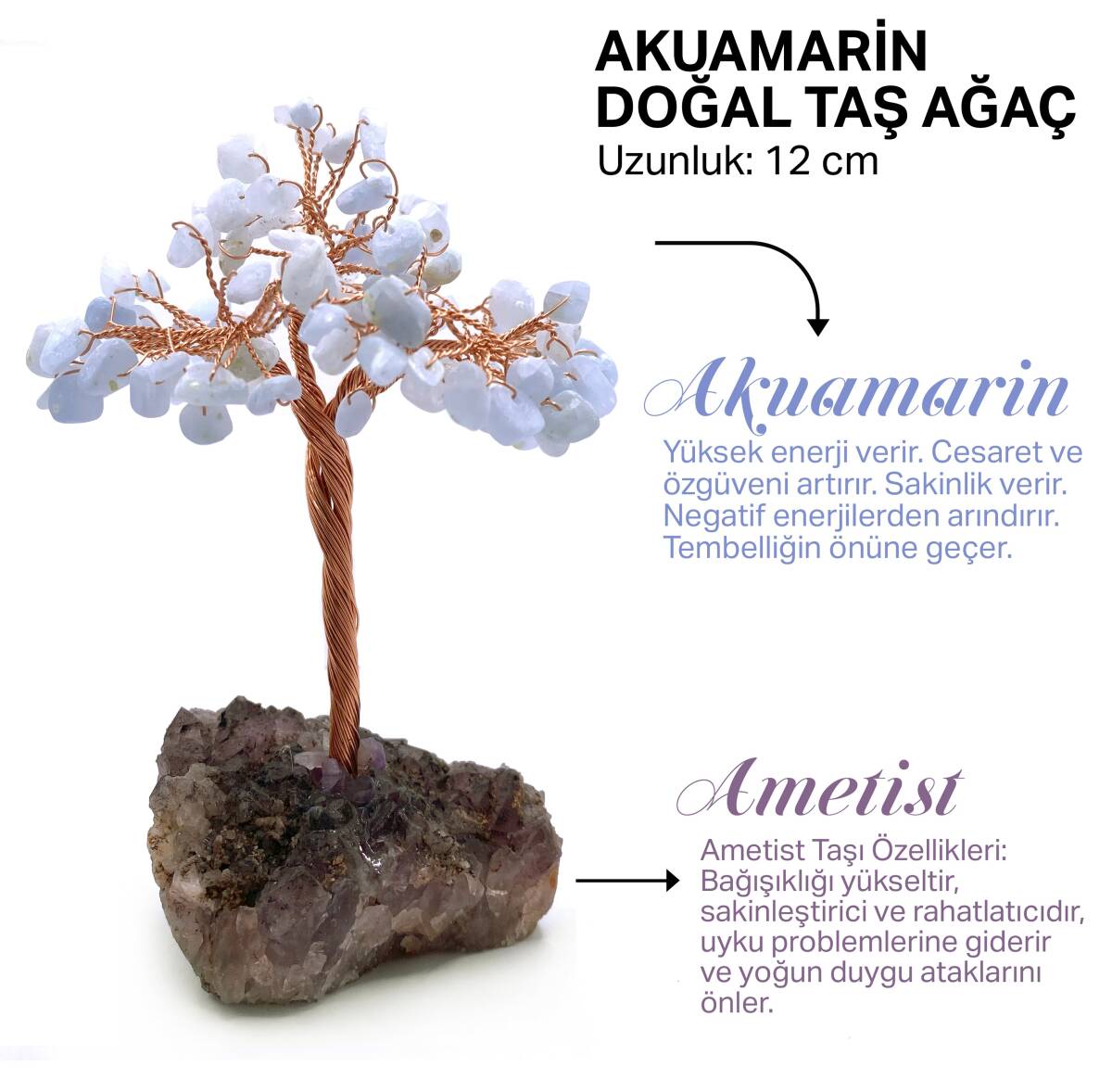 Sertifikalı Hakiki Orijinal Doğal Taş Akuamarin Ağaç - Alt Kısmı Ametist - 1