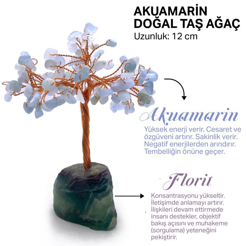 Sertifikalı Hakiki Orijinal Doğal Taş akuamarin Ağaç - Alt Kısmı Mor Florit - Doğal Taş