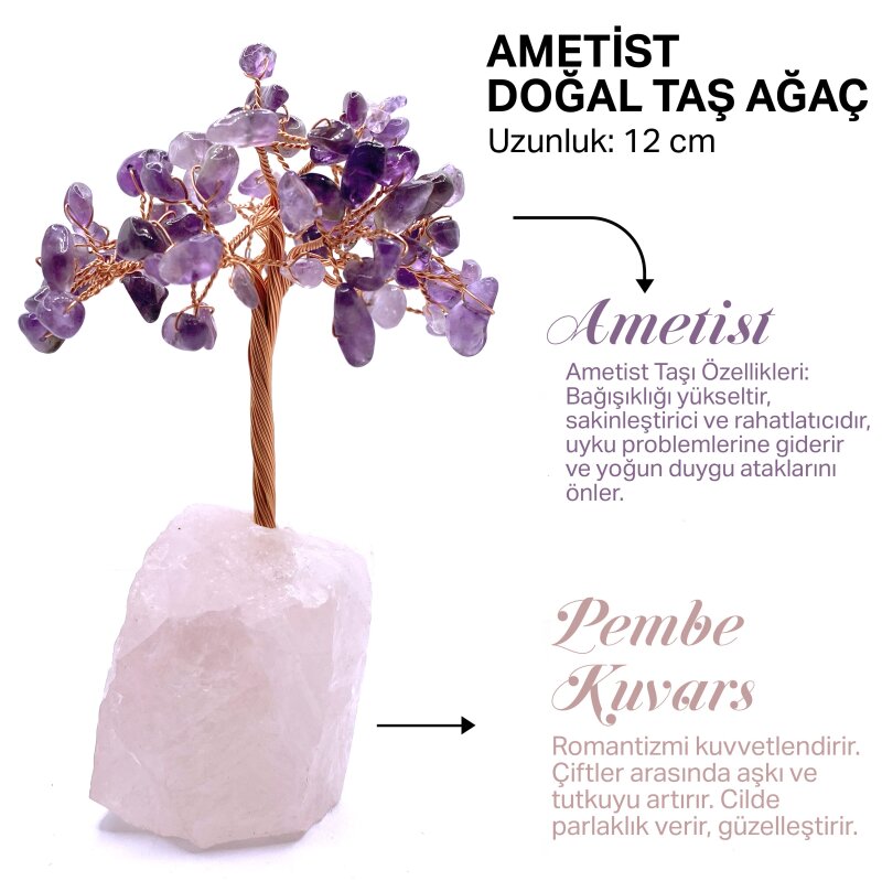 Sertifikalı Hakiki Orijinal Doğal Taş Ametist Ağaç - Alt Kısmı Pembe Kuvars - Doğal Taş