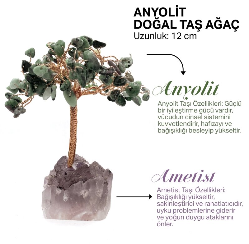 Sertifikalı Hakiki Orijinal Doğal Taş Anyolit Ağaç - Alt Kısmı Ametist - Doğal Taş