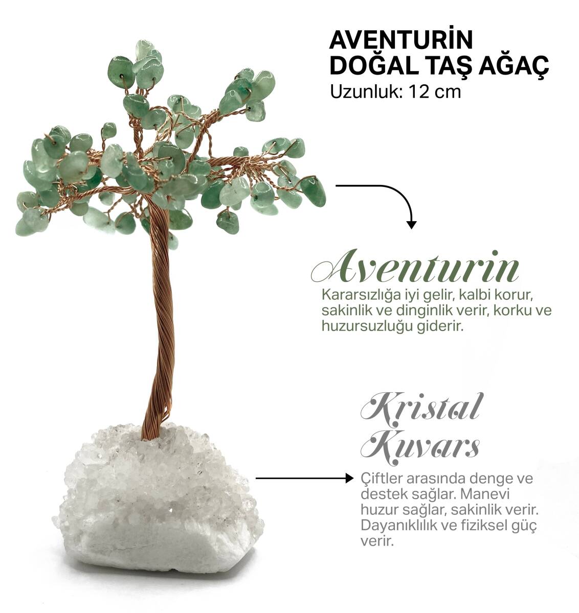 Sertifikalı Hakiki Orijinal Doğal Taş Aventurin Ağaç - Alt Kısmı Kristal Kuvars - 1