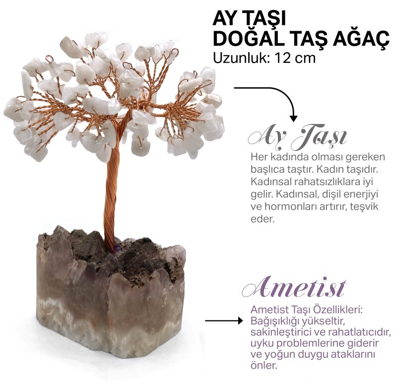 Sertifikalı Hakiki Orijinal Doğal Taş Ay Taşı Ağaç - Alt Kısmı Ametist - Doğal Taş