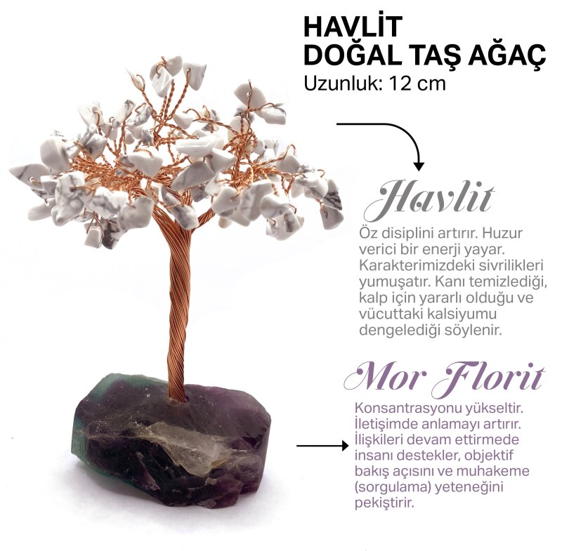 Sertifikalı Hakiki Orijinal Doğal Taş Havlit Ağaç - Alt Kısmı Mor Florit - Doğal Taş