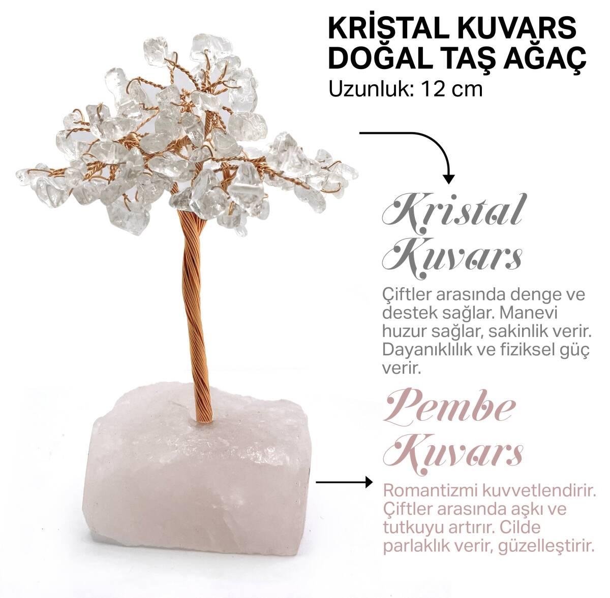 Sertifikalı Hakiki Orijinal Doğal Taş Kristal Kuvars Ağaç - Alt Kısmı Pembe Kuvars - 1