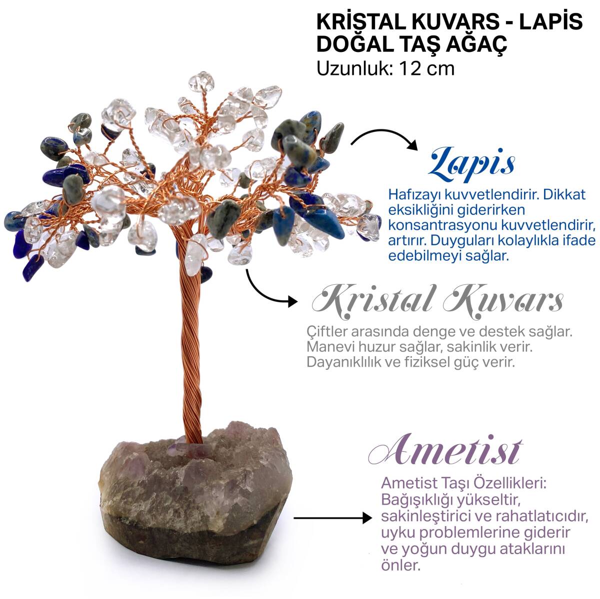 Sertifikalı Hakiki Orijinal Doğal Taş Lapis - Kristal Kuvars Ağaç - Alt Kısmı Ametist - 1