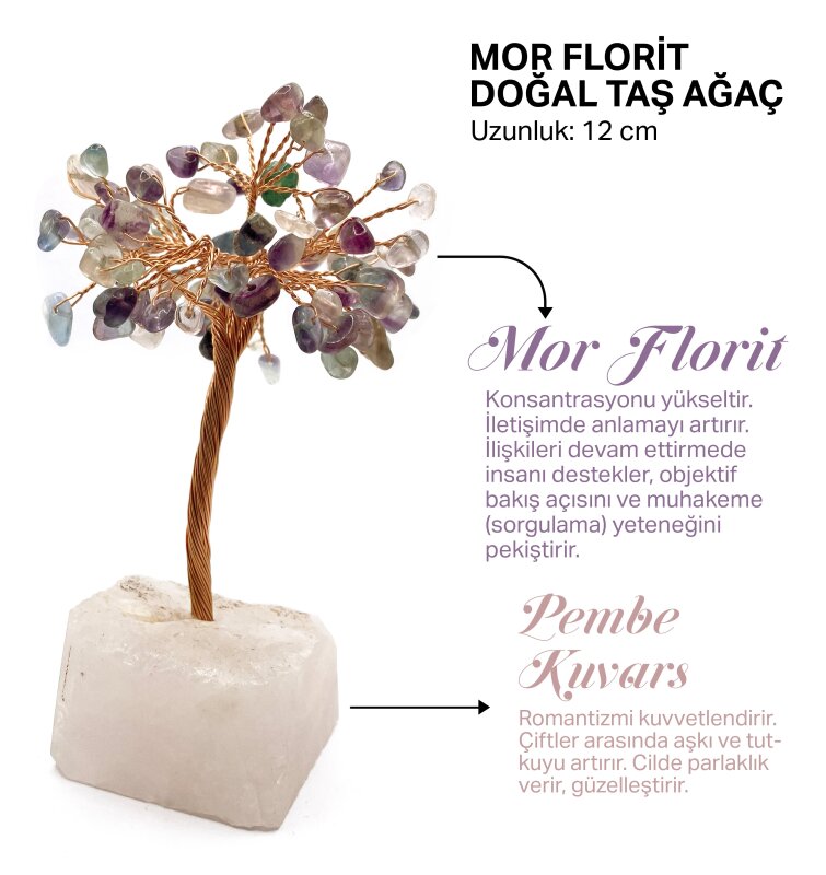 Sertifikalı Hakiki Orijinal Doğal Taş Mor Florit Ağaç - Alt Kısmı Pembe Kuvars - Doğal Taş
