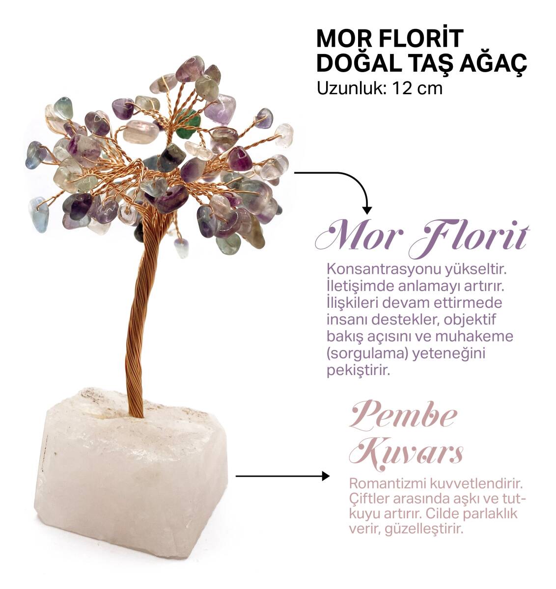 Sertifikalı Hakiki Orijinal Doğal Taş Mor Florit Ağaç - Alt Kısmı Pembe Kuvars - 1