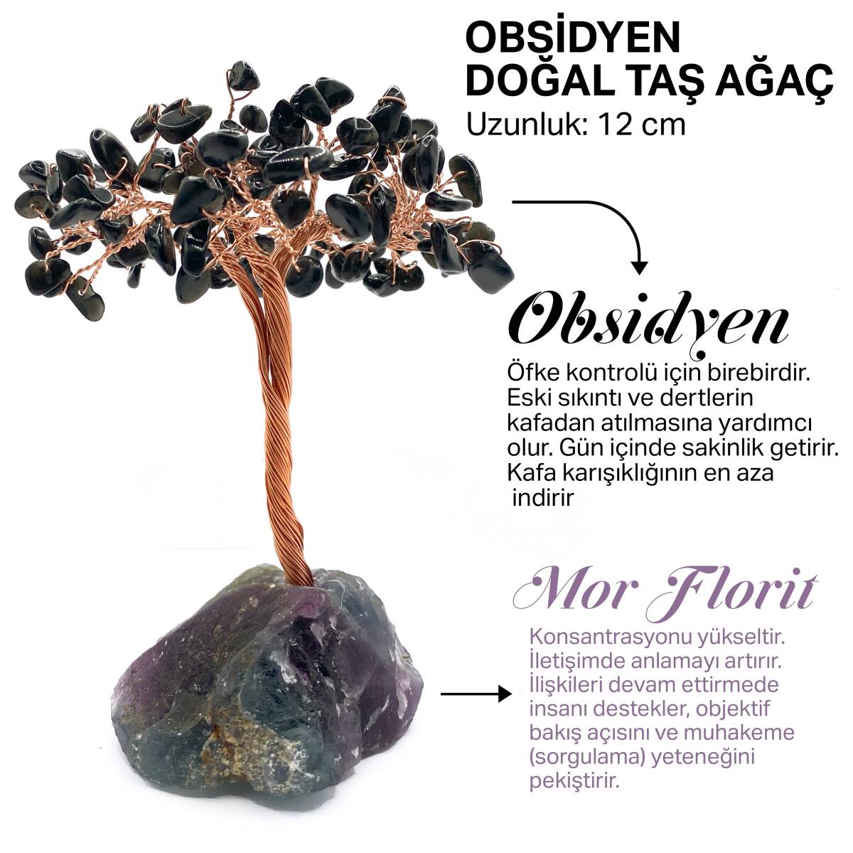Sertifikalı Hakiki Orijinal Doğal Taş Obsidyen Ağaç - Alt Kısmı Mor Florit - 1