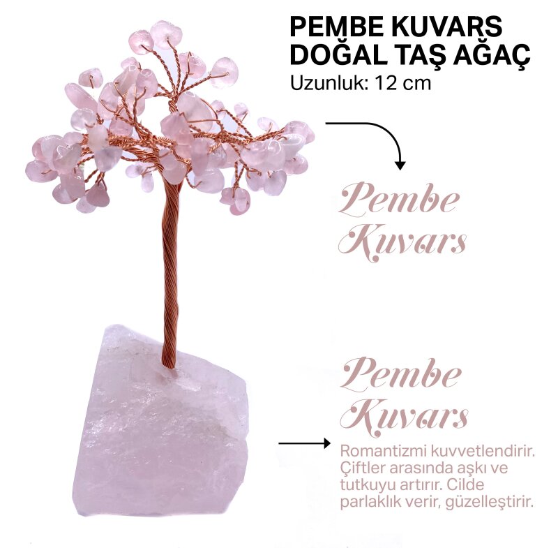 Sertifikalı Hakiki Orijinal Doğal Taş Pembe Kuvars Ağaç - Alt Kısmı Pembe Kuvars - Doğal Taş