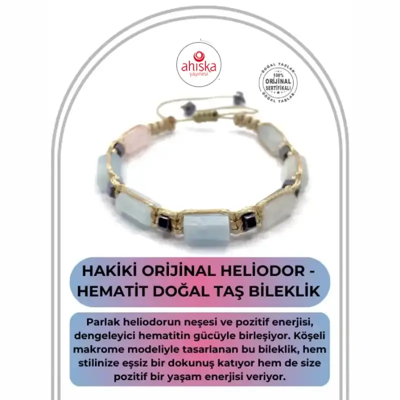 Sertifikalı Hakiki Orijinal Heliodor - Hematit Doğal Taş İpli Bileklik (Köşeli Makrome Model)