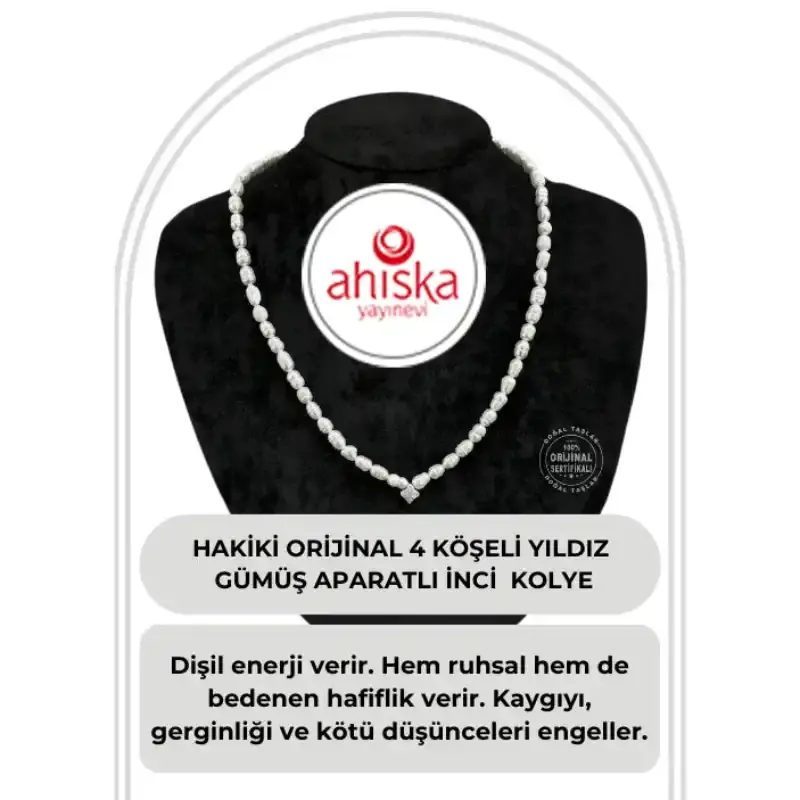 Sertifikalı Hakiki Orijinal İnci Doğal Taş Gümüş Aparatlı (4 Köşeli Yıldız Aparatlı) Kolye