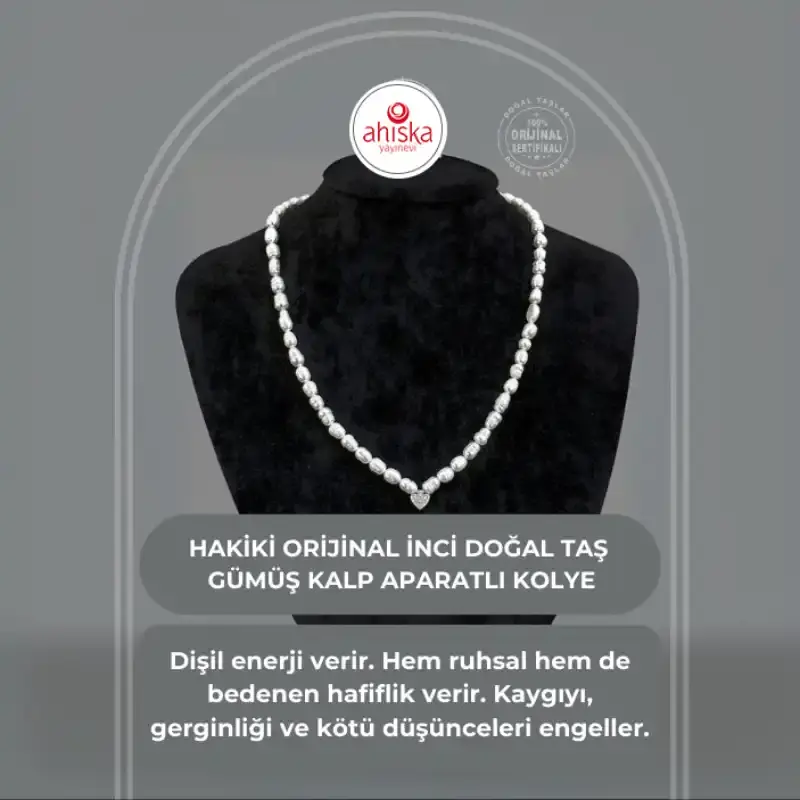 Sertifikalı Hakiki Orijinal İnci Doğal Taş Gümüş Aparatlı (Kalp Aparatlı) Kolye