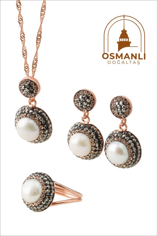 Sertifikalı Hakiki Orijinal İnci Yüzük-Küpe-Kolye Seti 925 Ayar Gümüş Takım - Doğal Taş