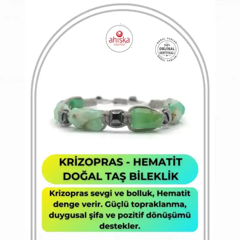 Sertifikalı Hakiki Orijinal Krizopras - Hematit Doğal Taş İpli Bileklik (Köşeli Makrome Model)