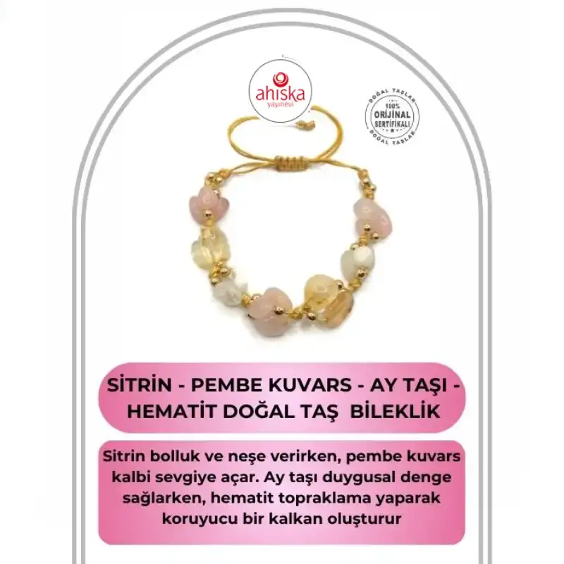 Sertifikalı Hakiki Orijinal Sitrin - Pembe Kuvars - Ay Taşı - Hematit Doğal Taş İpli Merdiven Kapama Bileklik