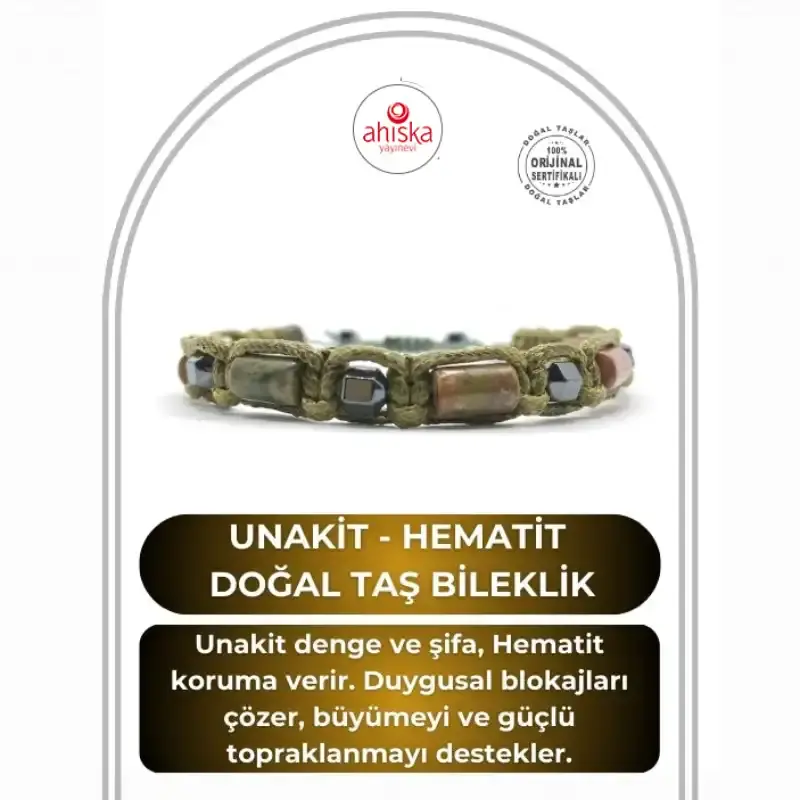 Sertifikalı Hakiki Orijinal Unakit - Hematit Doğal Taş İpli Bileklik (Köşeli Makrome Model)