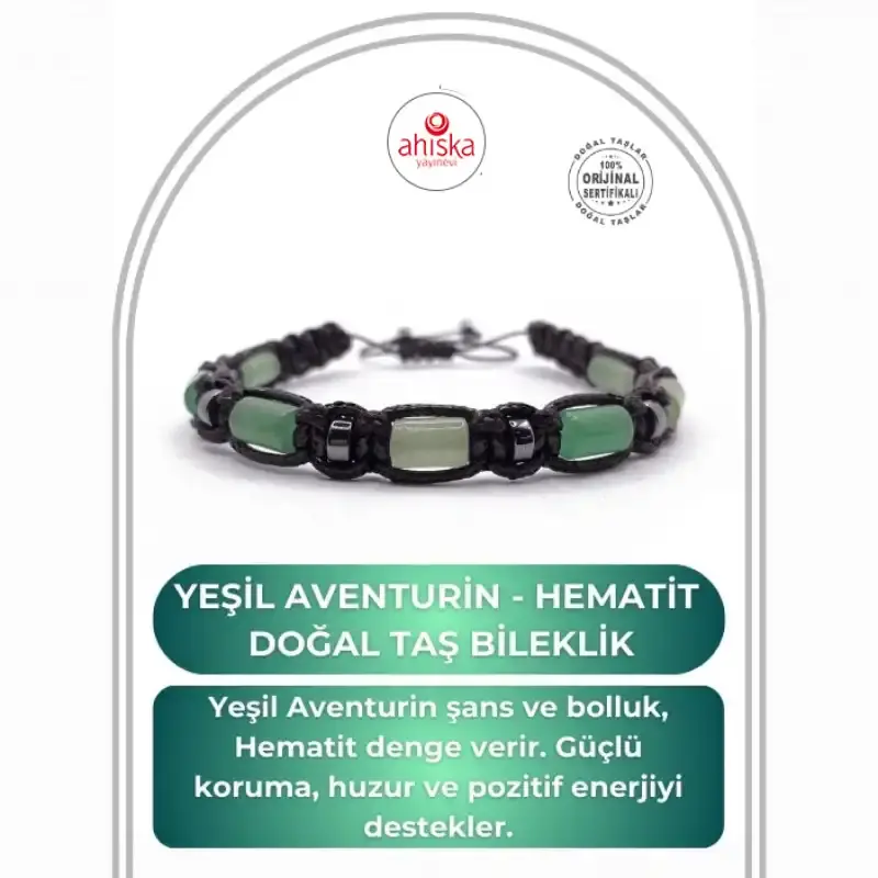 Sertifikalı Hakiki Orijinal Yeşil Aventurin - Hematit Doğal Taş İpli Bileklik (Köşeli Makrome Model)