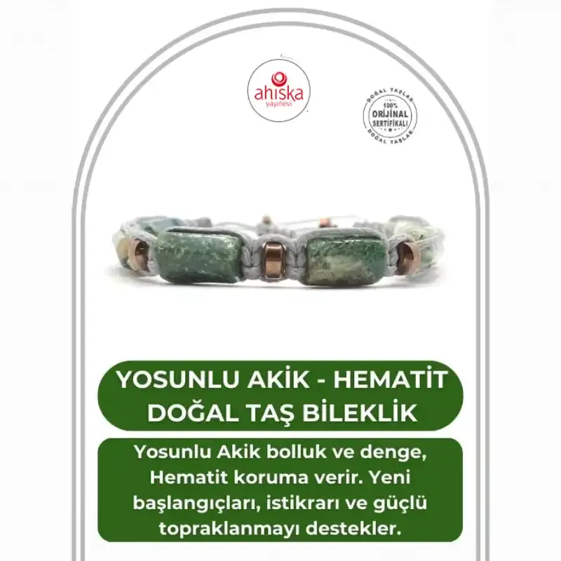 Sertifikalı Hakiki Orijinal Yosunlu Akik - Hematit Doğal Taş İpli Bileklik (Köşeli Makrome Model)
