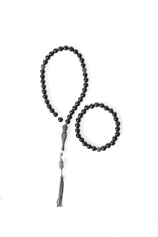 Sertifikalı Hematit 925 Ayar Gümüş 8 mm İmameli Tesbih & Bileklik Seti - Doğal Taş