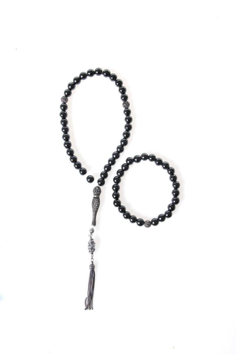 Sertifikalı Hematit 925 Ayar Gümüş 8 mm İmameli Tesbih & Bileklik Seti - 1