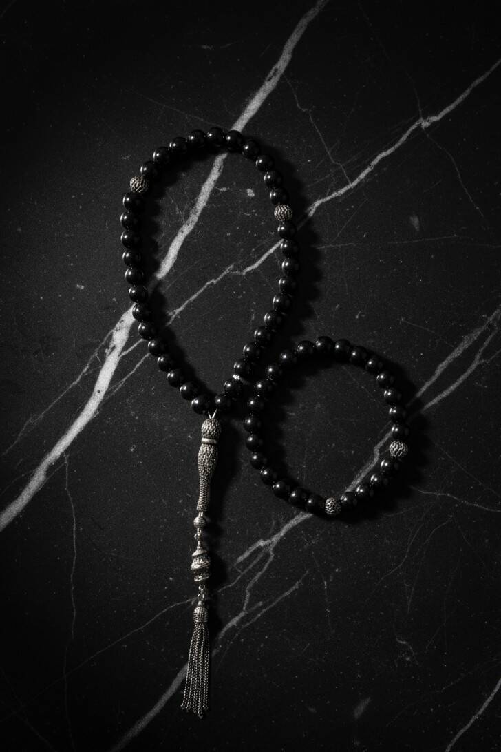 Sertifikalı Hematit 925 Ayar Gümüş 8 mm İmameli Tesbih & Bileklik Seti - 3