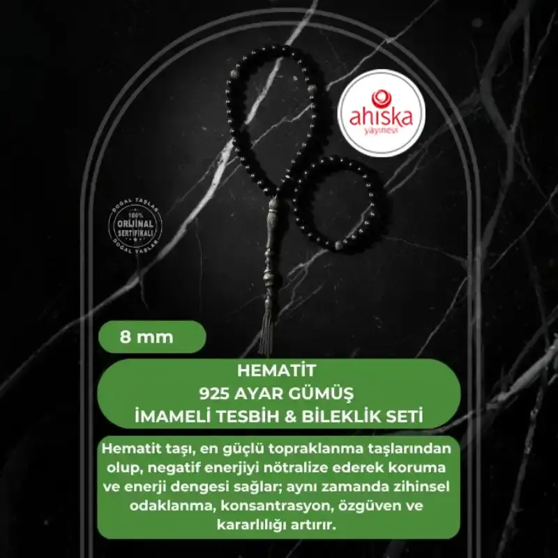 Sertifikalı Hematit 925 Ayar Gümüş 8 mm İmameli Tesbih & Bileklik Seti - 2