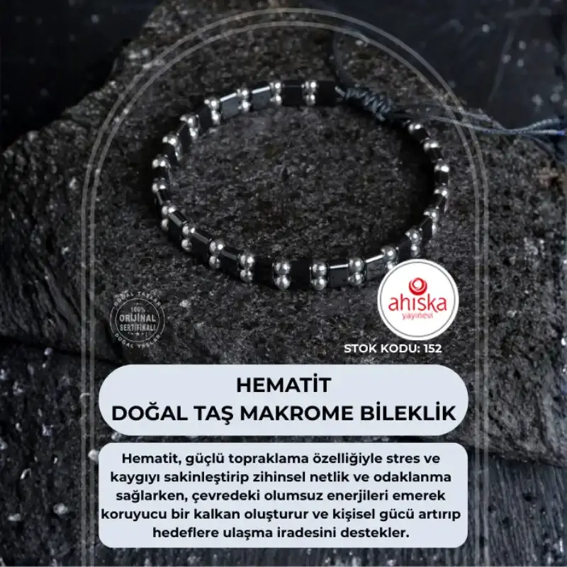Sertifikalı Hematit Doğal Taş Makrome Bileklik (SK:152)