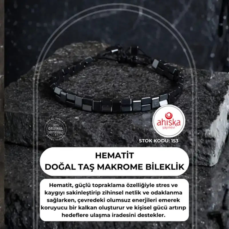 Sertifikalı Hematit Doğal Taş Makrome Bileklik (SK:153)