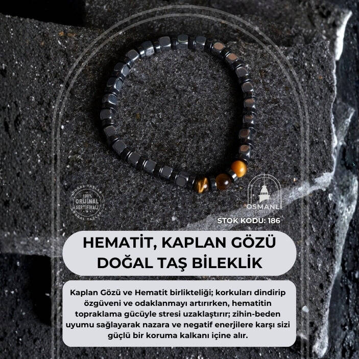 Sertifikalı Hematit, Kaplan Gözü Doğal Taş Bileklik (SK:186) - 2