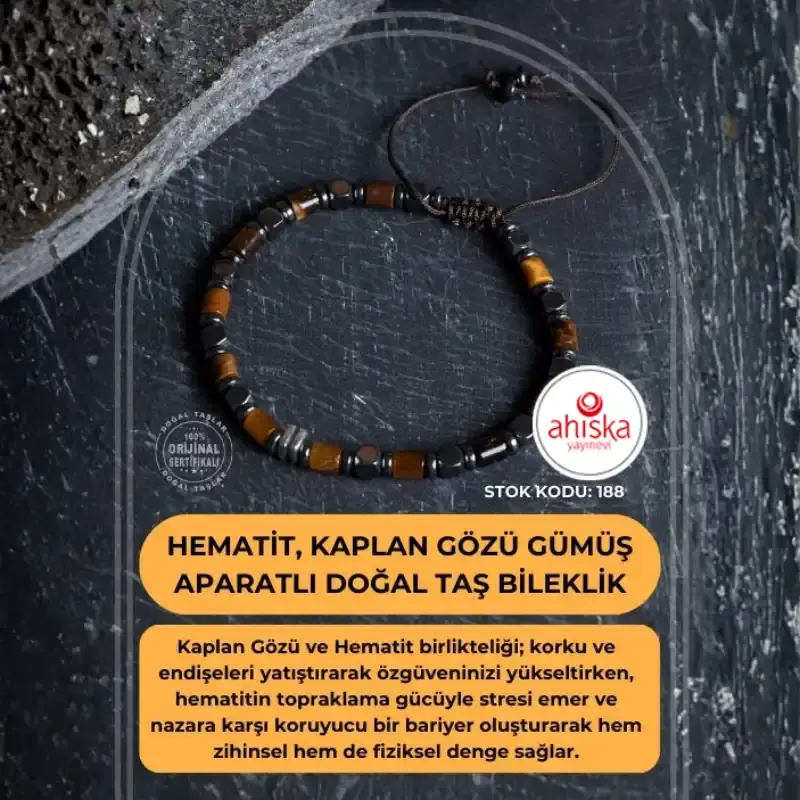 Sertifikalı Hematit, Kaplan Gözü Gümüş Aparatlı Doğal Taş Makrome Bileklik (SK:188)