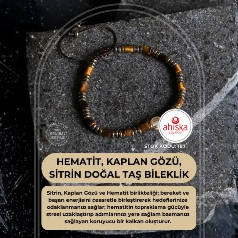 Sertifikalı Hematit, Kaplan Gözü ve Sitrin Doğal Taş Makrome Bileklik (SK:187)