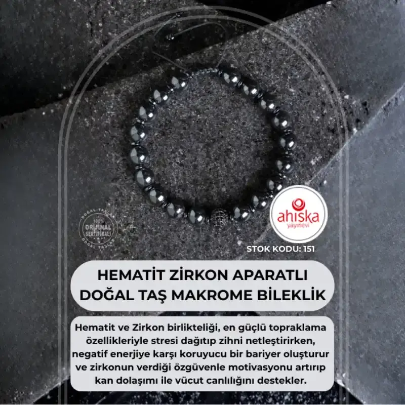Sertifikalı Hematit Zirkon Aparatlı Doğal Taş Makrome Bileklik (SK:151)