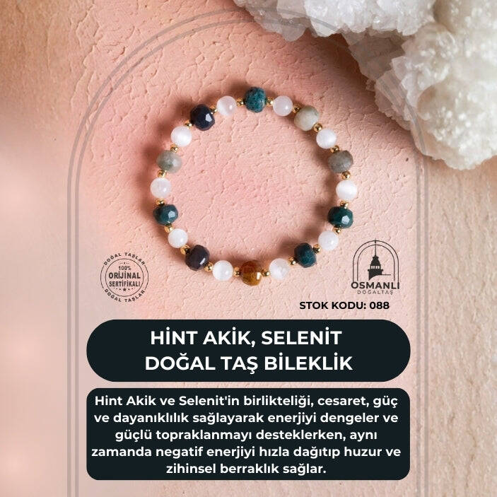 Sertifikalı Hint Akik, Selenit Doğal Taş Bileklik (SK:088) - 2