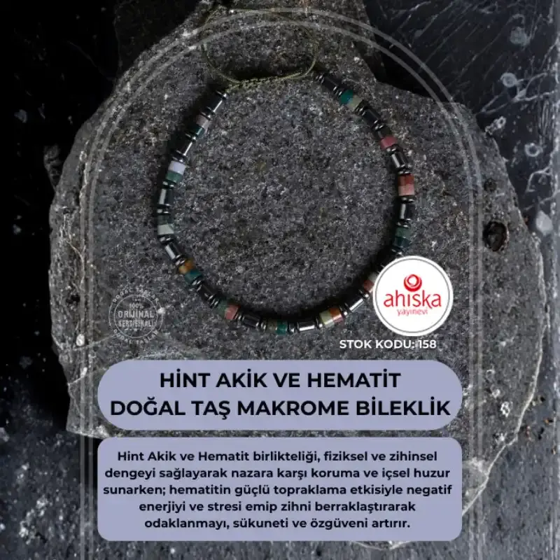 Sertifikalı Hint Akik ve Hematit Doğal Taş Makrome Bileklik (SK:158)