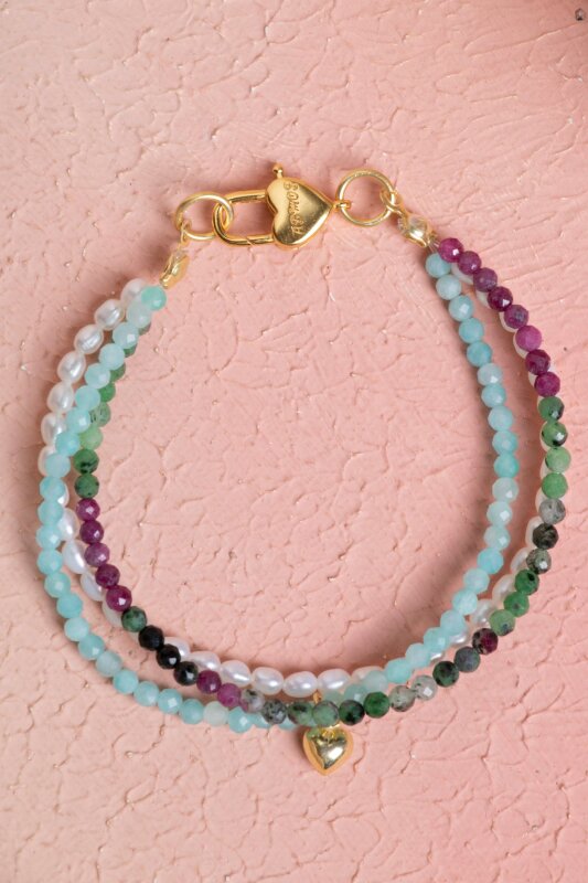 Sertifikalı İnci, Amazonit, Anyolit Gümüş Kalp Charmlı Aparatlı ve Kapama Doğal Taş Bileklik (SK:383) - Doğal Taş