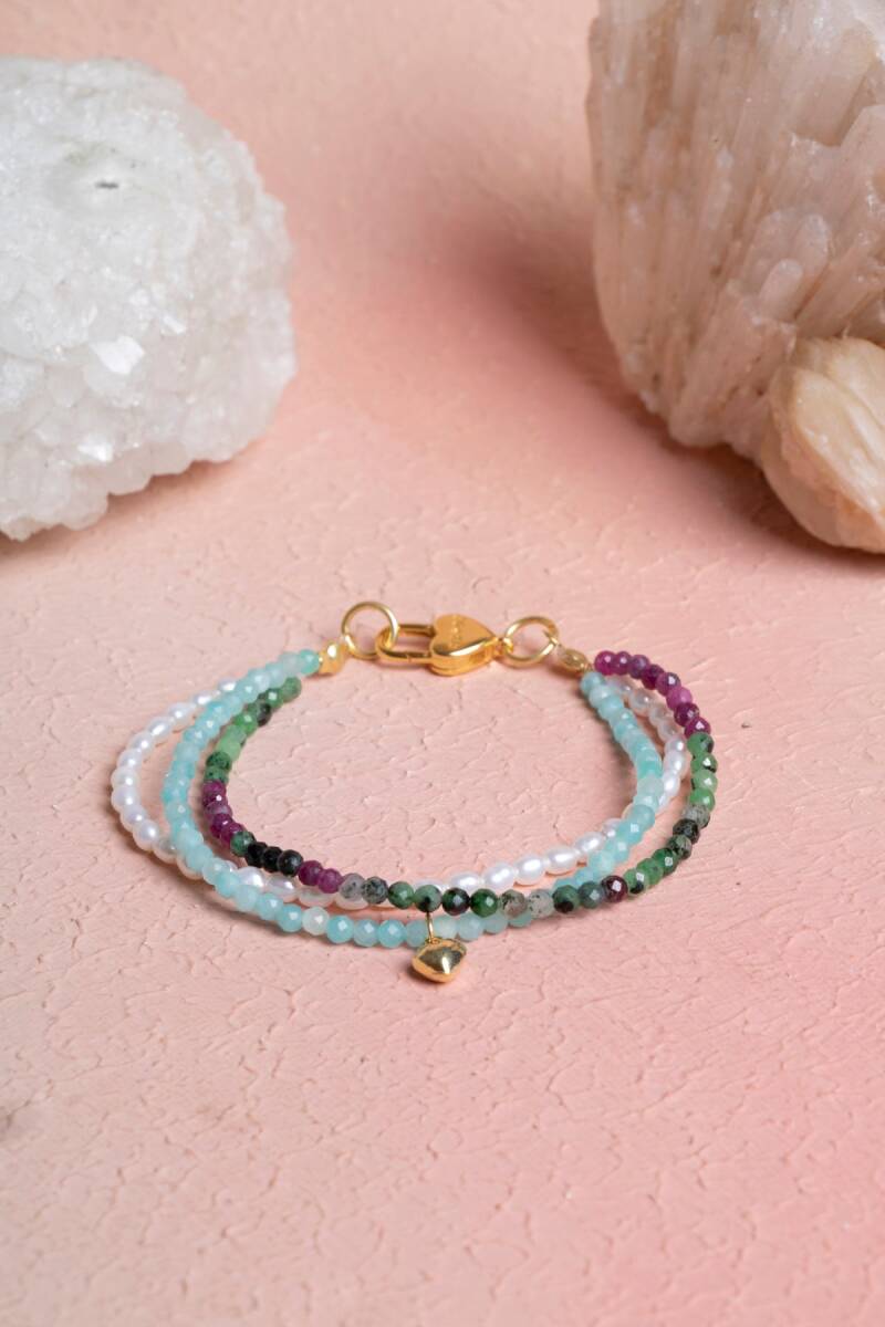 Sertifikalı İnci, Amazonit, Anyolit Gümüş Kalp Charmlı Aparatlı ve Kapama Doğal Taş Bileklik (SK:383) - 2